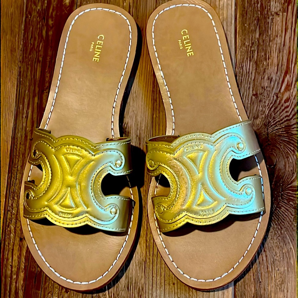 Celine Triomphe Gold Slide Sandals